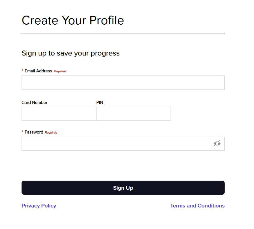 The image shows a profile creation form asking for an email, card number, PIN, and password to sign up.