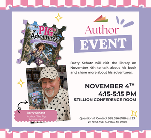 Contains information promoting author Barry Schatz. Includes photo of author in a white hat and baseball cap with medium size polka dots all over. Author is holding the first book in his series "Pig Adventures"