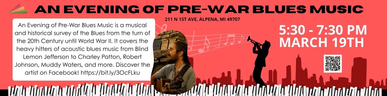 Event: Pre-War Blues Music, March 19, 5:30-7:30 PM, Alpena, MI. Covers influential blues artists from early 20th century.