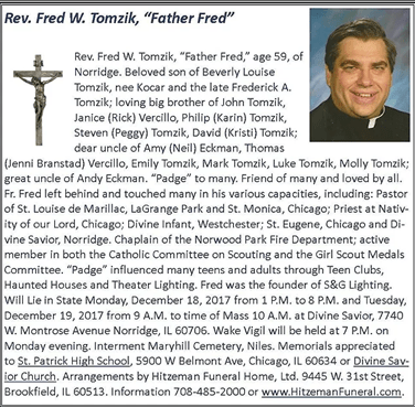 Obituary for Rev. Fred W. Tomzik, 59, detailing his life, family, and memorial services at St. Patrick High School, Chicago.