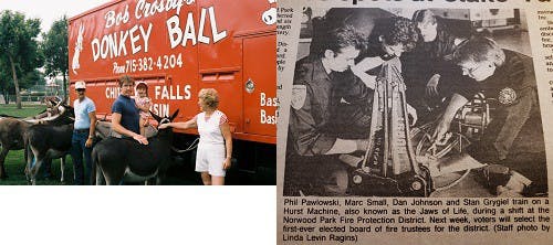 Left: People with donkeys near a "Donkey Ball" truck. Right: Newspaper with firefighters training on equipment.