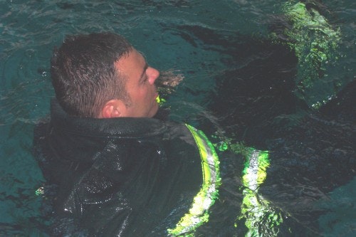 Person in a black wetsuit floating in water.