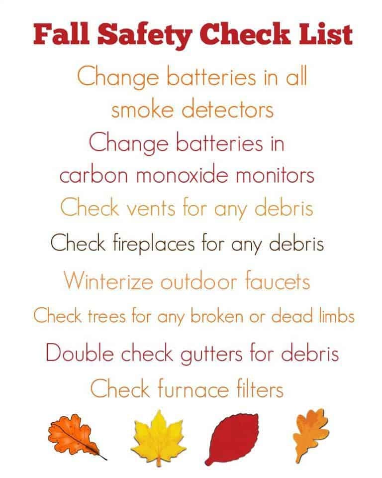 Fall safety checklist with tasks: change batteries, check vents/fireplaces, winterize faucets, check trees/gutters, furnace filters.