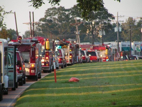 A line of fire trucks driving along a road by a grassy area, under a clear sky.