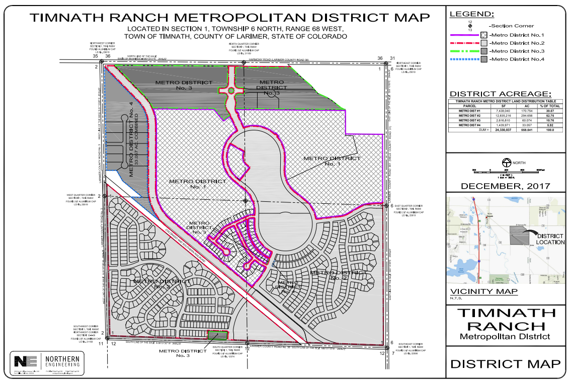 Map of Timnath Ranch Metropolitan Districts in Colorado, December 2017, detailing boundaries and district acreage.