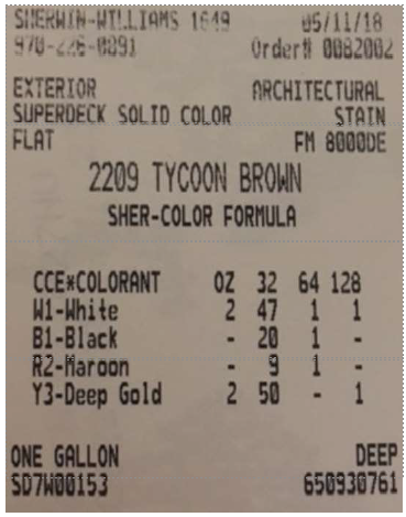 Sherwin-Williams paint label: Tycoon Brown. SuperDeck Solid Color Stain. Formula with white, black, maroon, deep gold. One gallon.