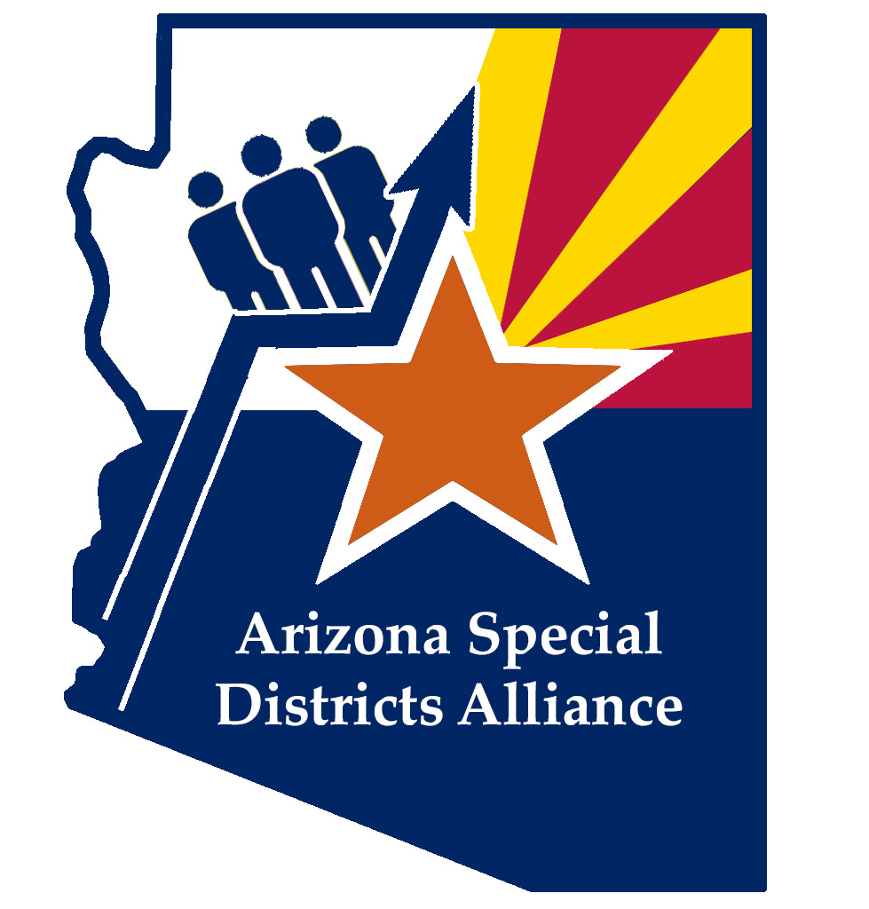 A logo with the Arizona state outline, a star, a group of people, and the text "Arizona Special Districts Alliance."