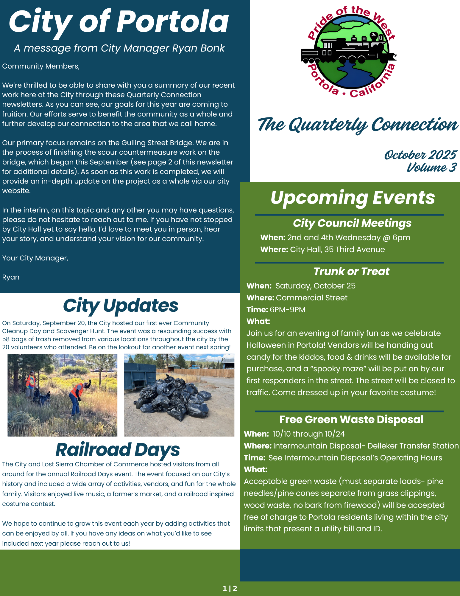 Newsletter from Portola City Manager, covering bridge updates, city events, and free green waste disposal.