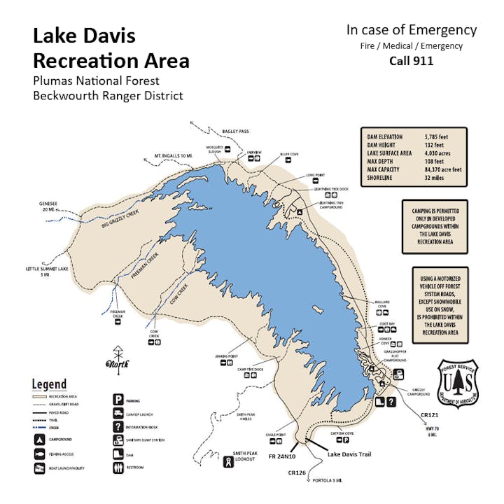 Lake Davis Recreation Area map with campgrounds, roads, and facilities. Features include dam, boat ramps, and forest trails.