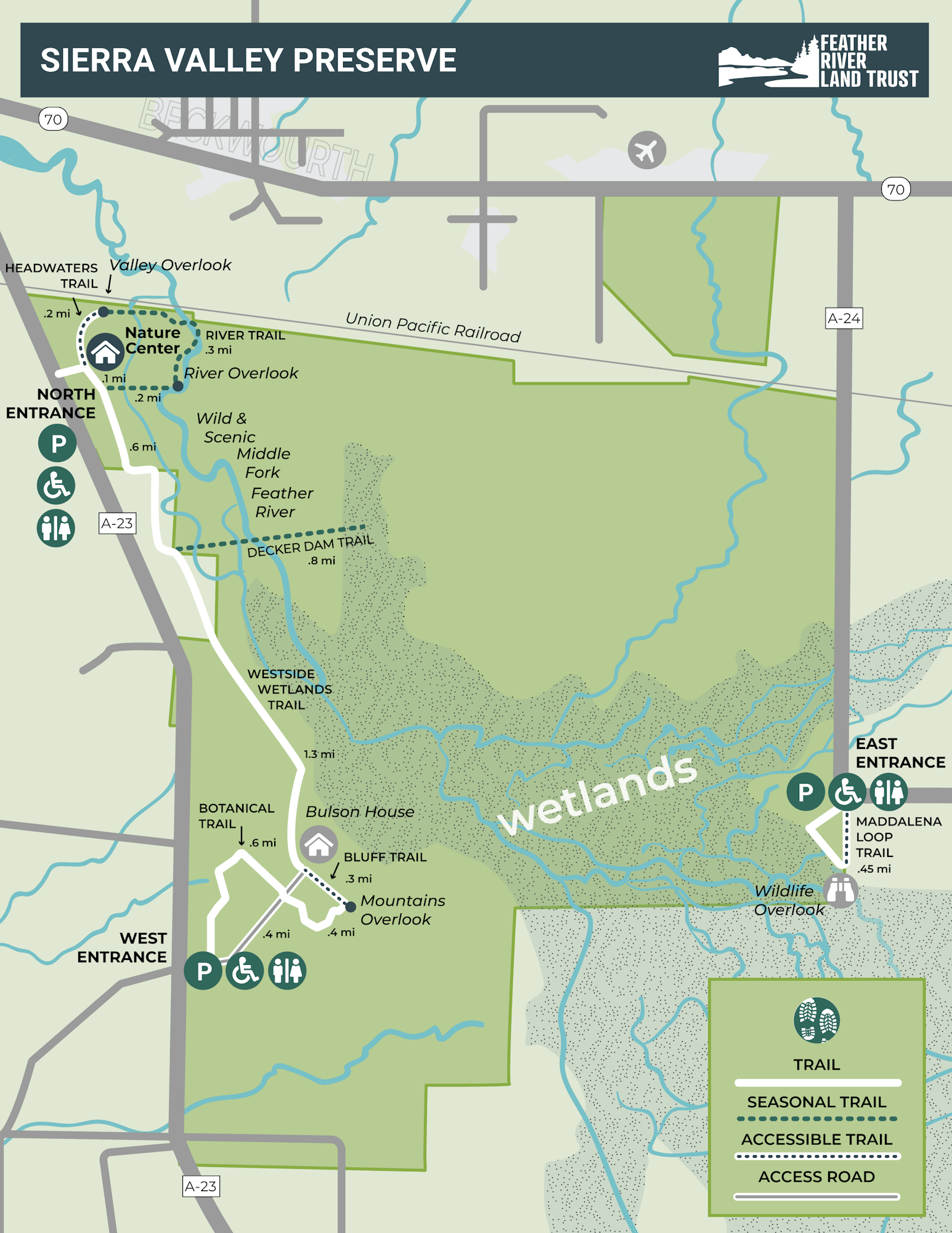 Sierra Valley Preserve map with trails, entrances, a nature center, overlooks, and wetlands. Includes facilities and trail lengths.