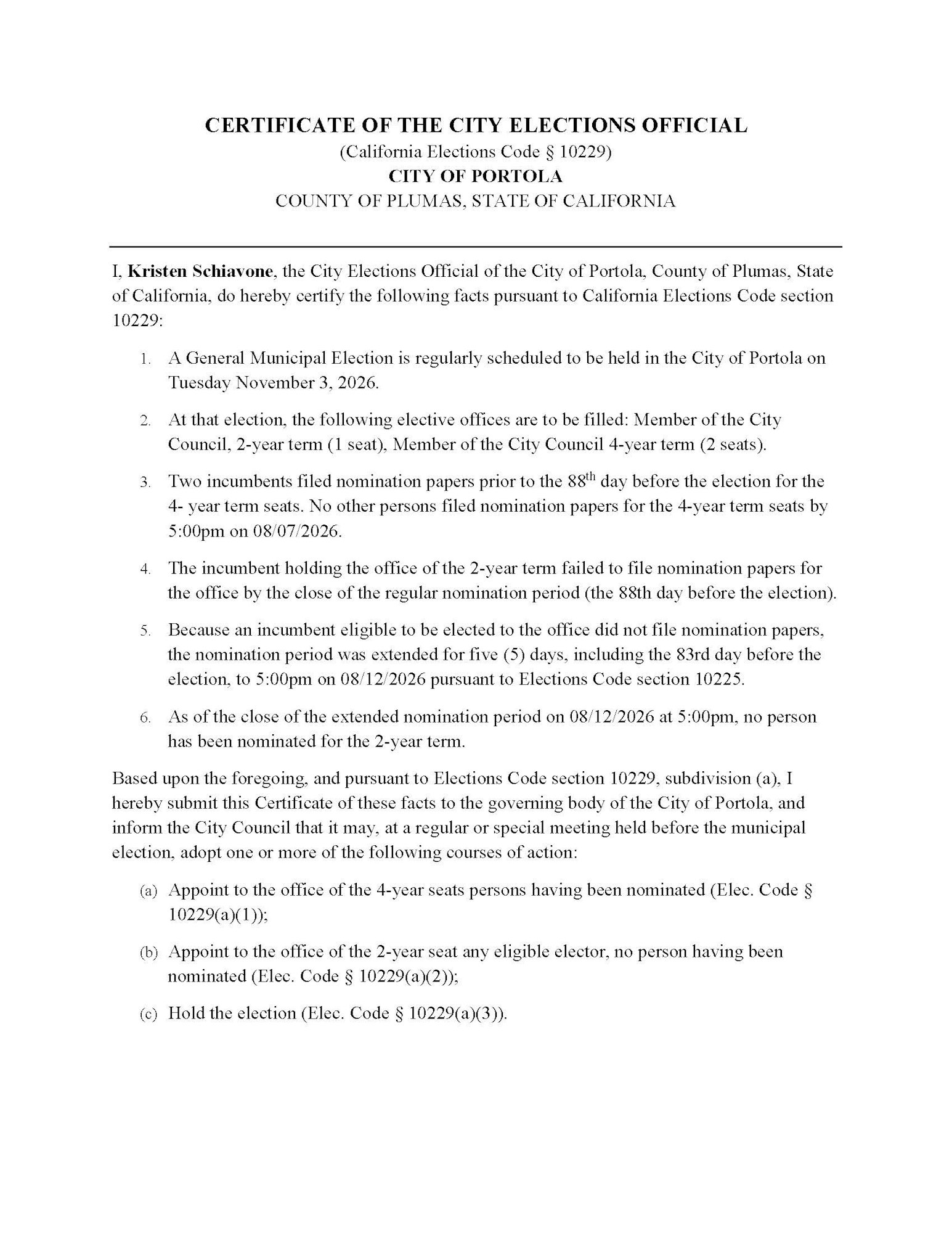 A certificate detailing the upcoming municipal election in Portola, CA, set for November 3, 2026, and nomination details.