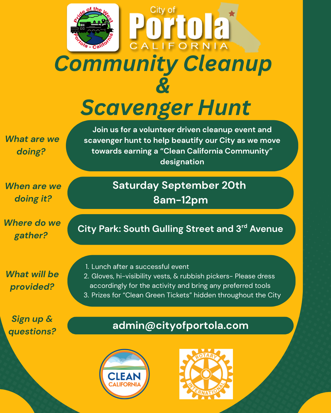 Portola Community Cleanup & Scavenger Hunt event on September 20th, 8am-12pm. Meet at City Park. Email for signup: admin@cityofportola.com.