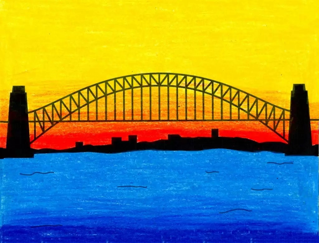 A colorful artwork depicting a bridge silhouette against a sunset sky over a blue water body.