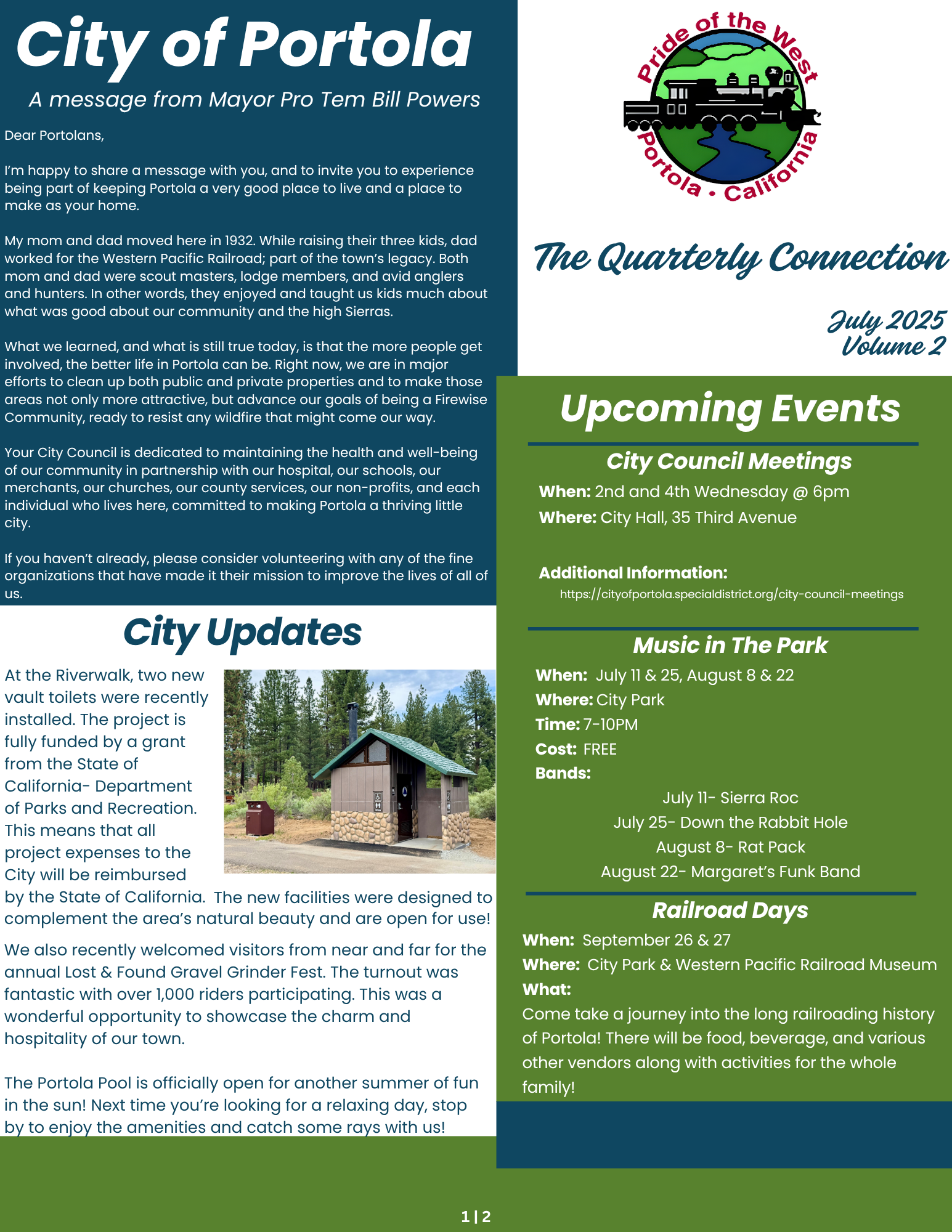 Newsletter from the City of Portola featuring a message from the mayor, city updates, and details about upcoming events like City Council meetings.