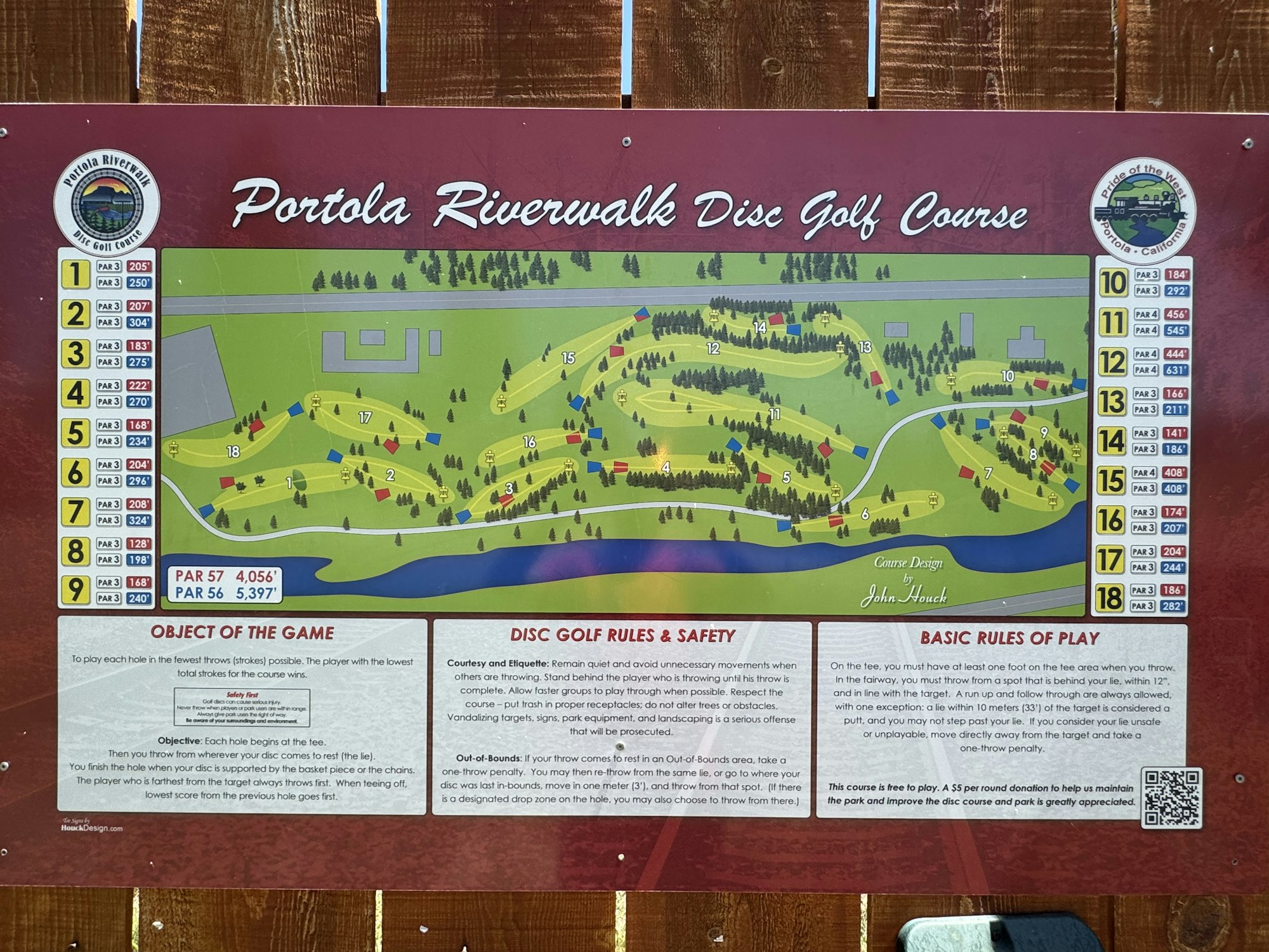 Portola Riverwalk Disc Golf Course map with hole details, rules, and safety information.