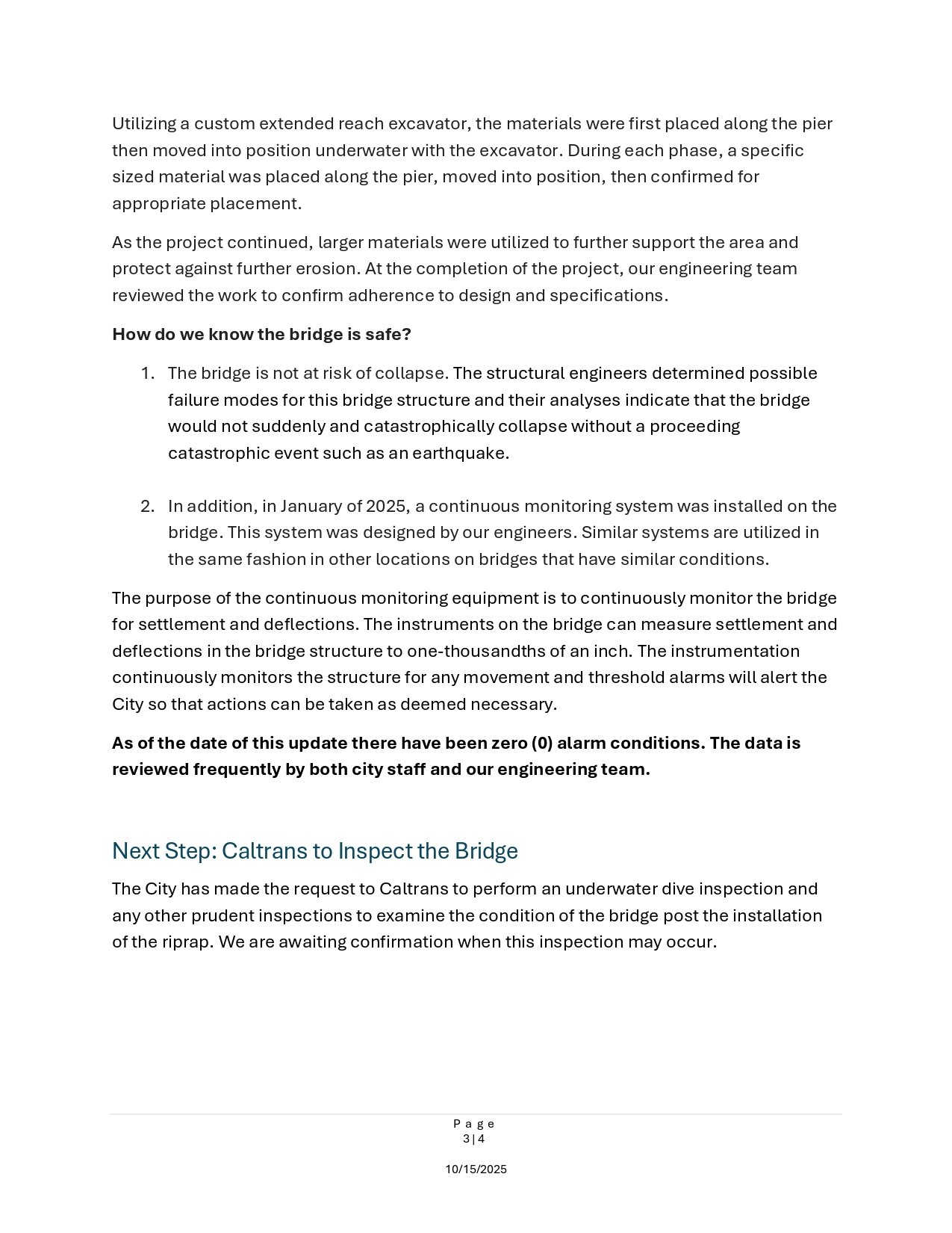 Text about bridge safety, monitoring systems, and upcoming inspection by Caltrans.