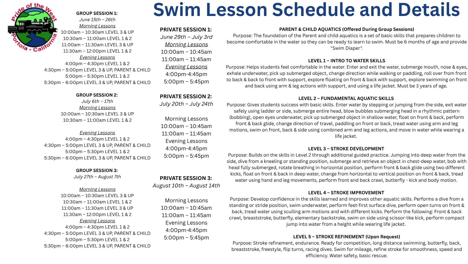 The image displays a detailed swim lesson schedule, including group and private sessions, levels, and times for various age groups.