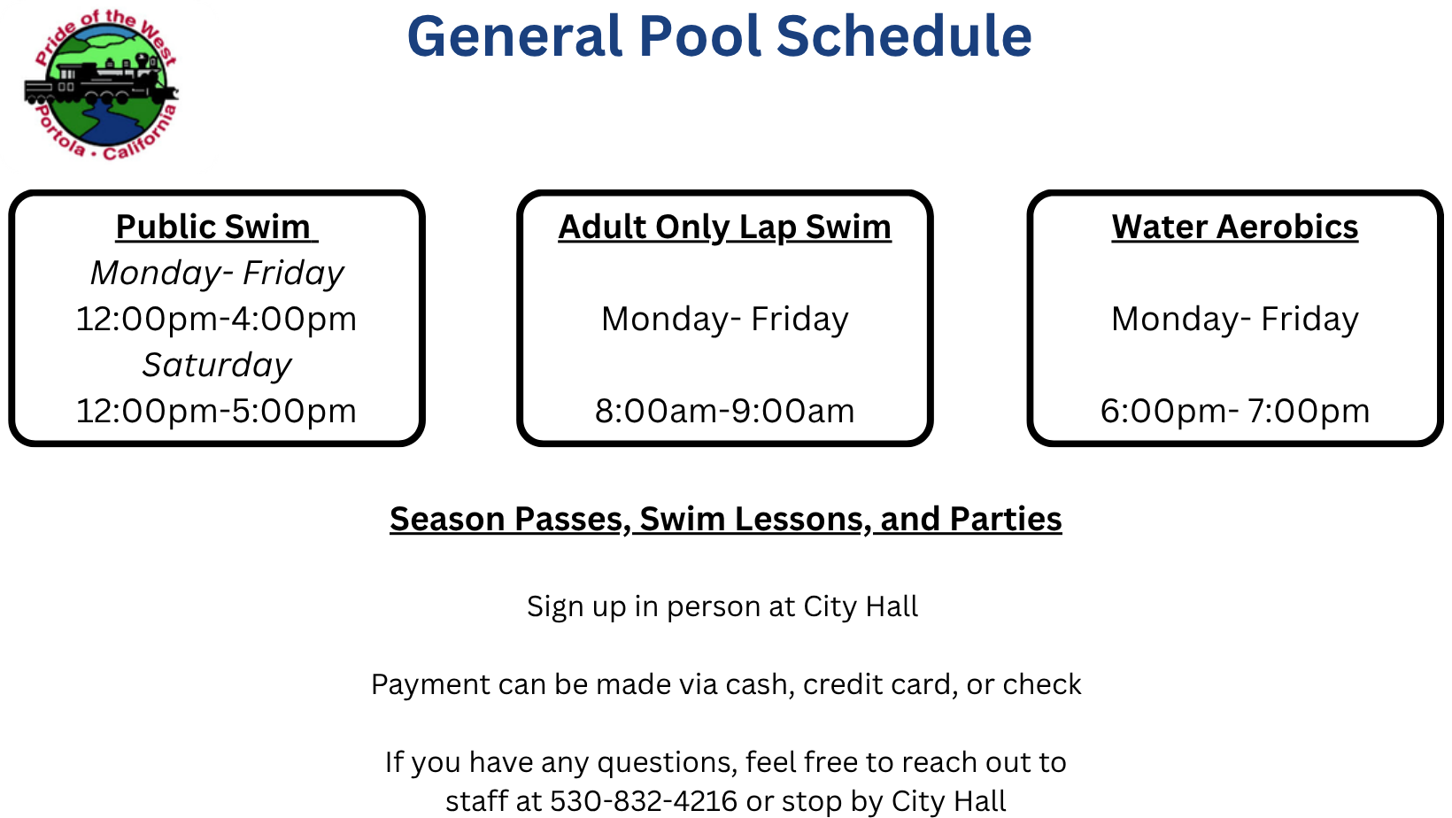 Pool schedule includes Public Swim, Adult Only Lap Swim, and Water Aerobics. Season passes and lessons available.