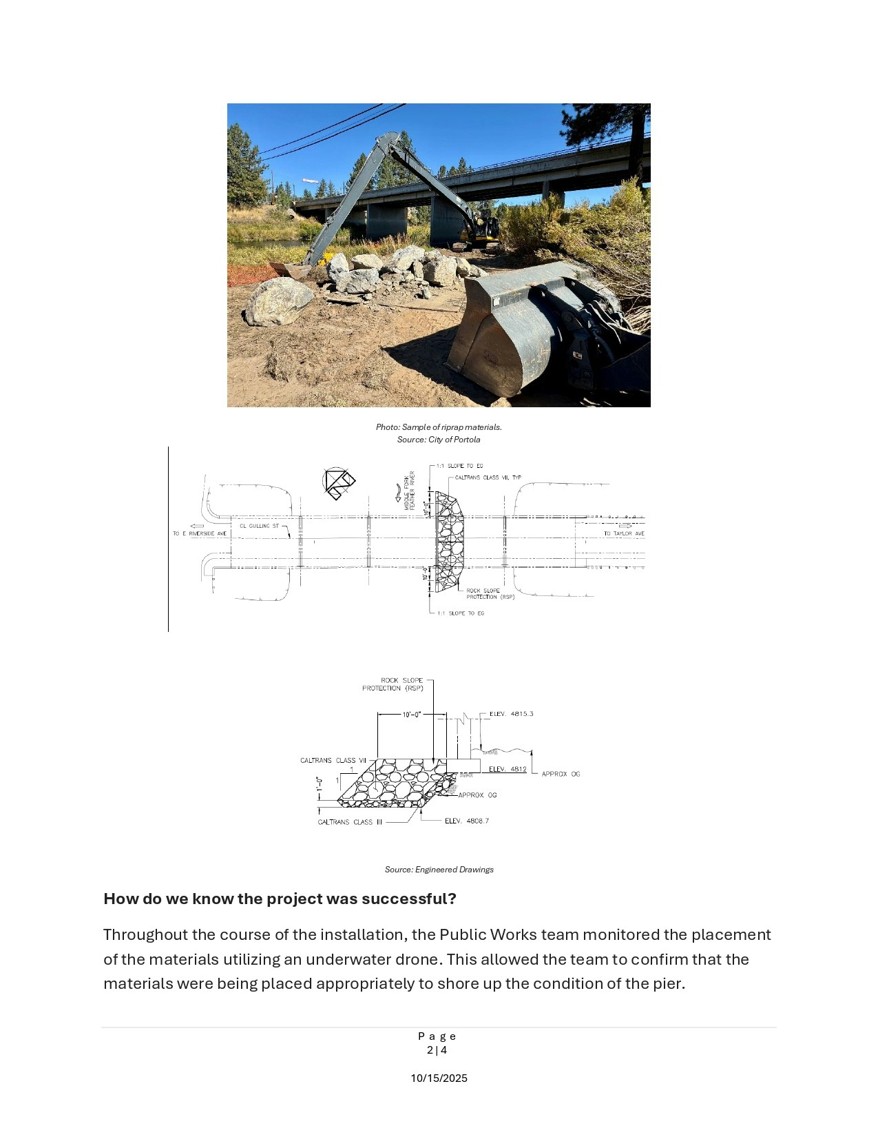 Construction site with rocks, machinery, bridge; engineering drawings below. Public Works project documentation dated 10/15/2025.