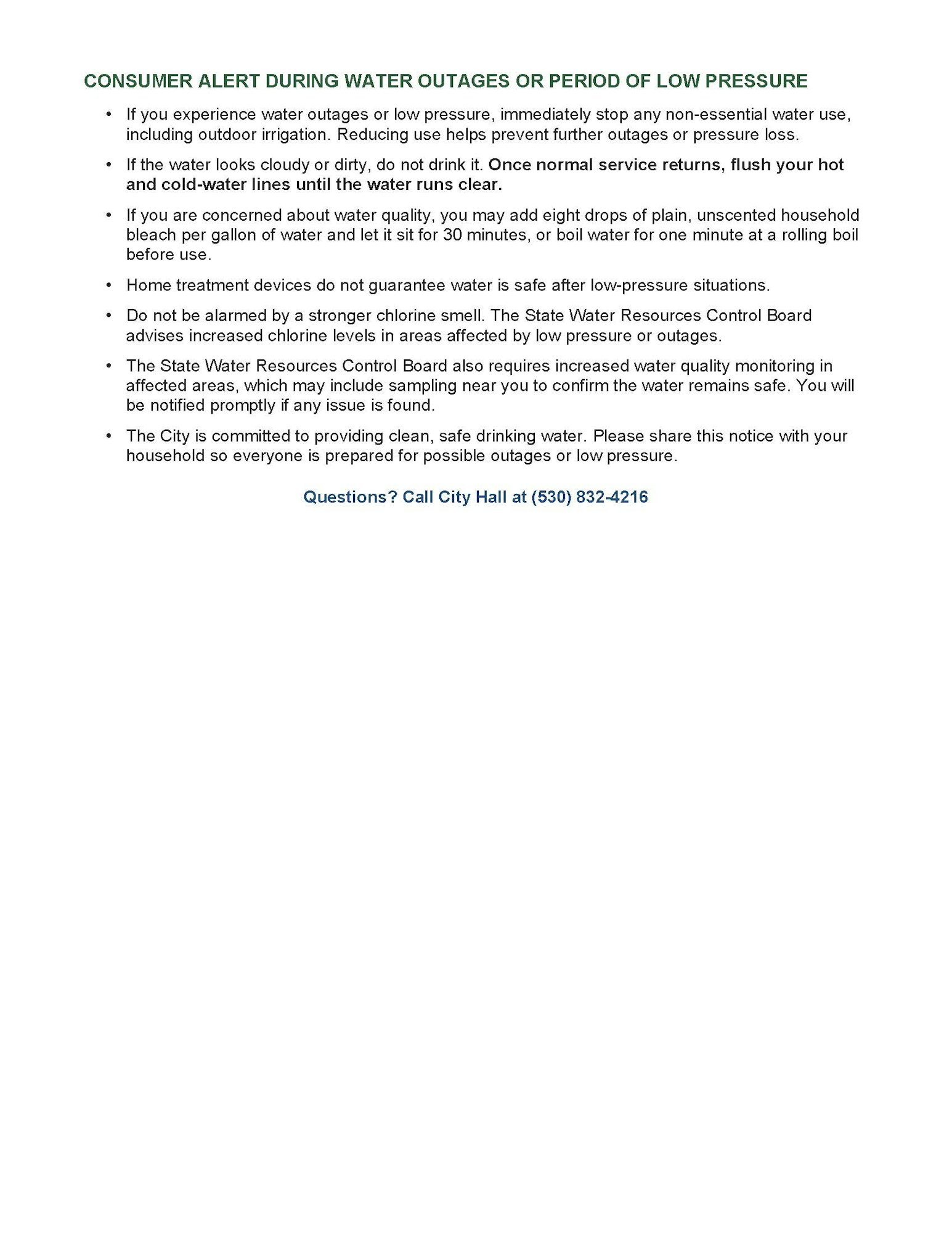 Consumer alert regarding water outages or low pressure: avoid non-essential use, check water quality, and follow safety guidelines.