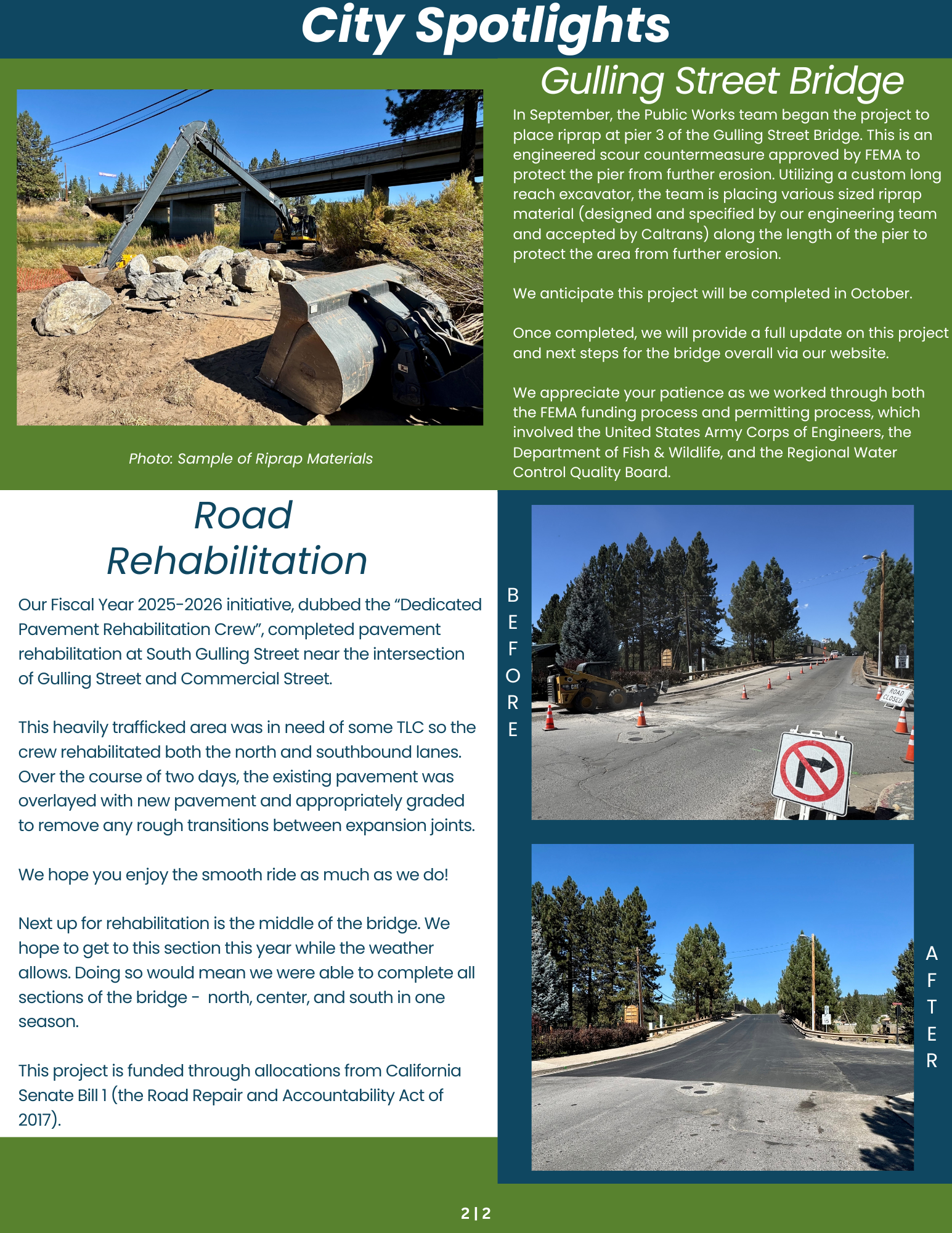 City improvements: Gulling Street Bridge erosion control and South Gulling Street pavement rehab completed with funding from Senate Bill 1.