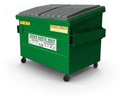 A green commercial dumpster with a lid and wheels, labeled "GARDEN WASTE ONLY."