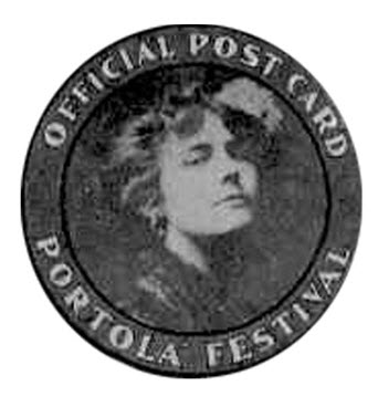 circular icon with a woman in the middle that reads official post card portola festival