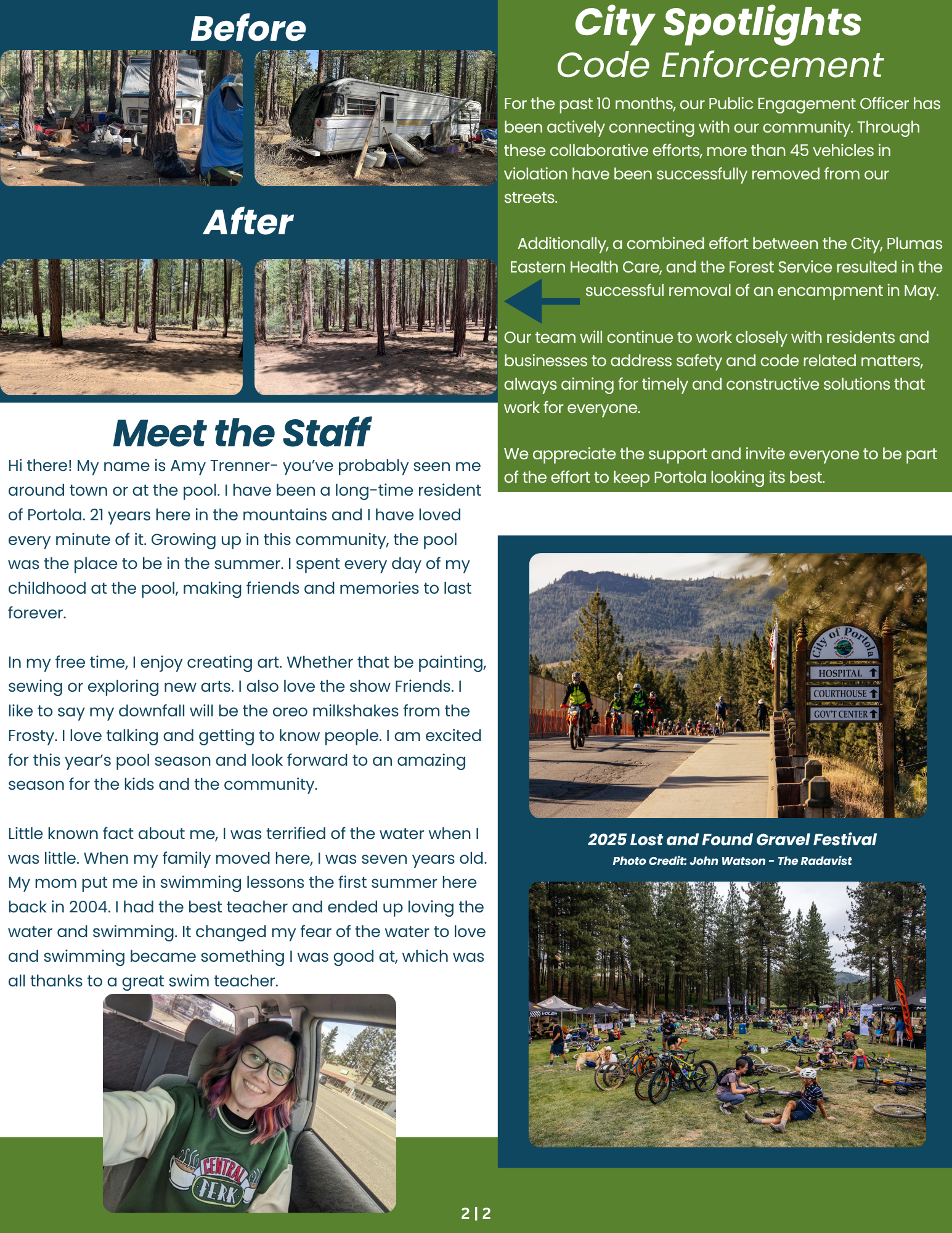 "Code enforcement success, staff introduction, and community events in Portola. Forest clean-up featured before/after photos."