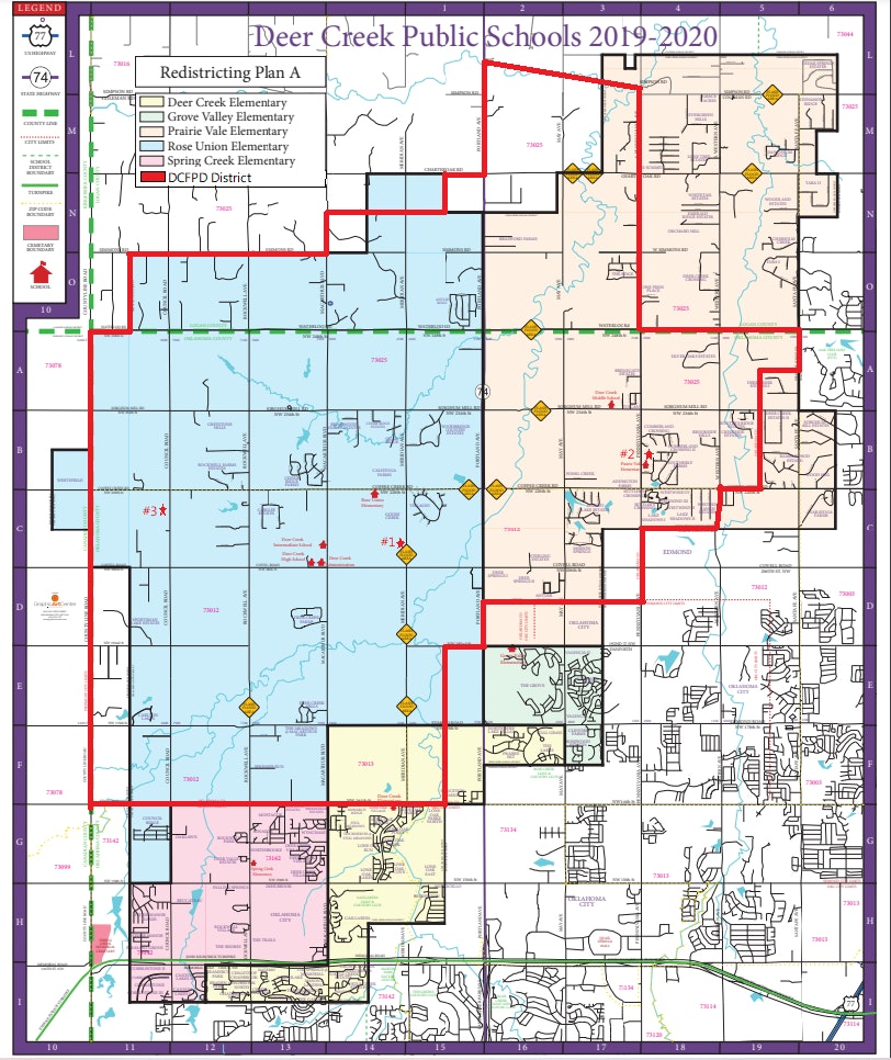 A redistricting map for Deer Creek Public Schools 2019-2020, showing boundaries and areas for different elementary schools.