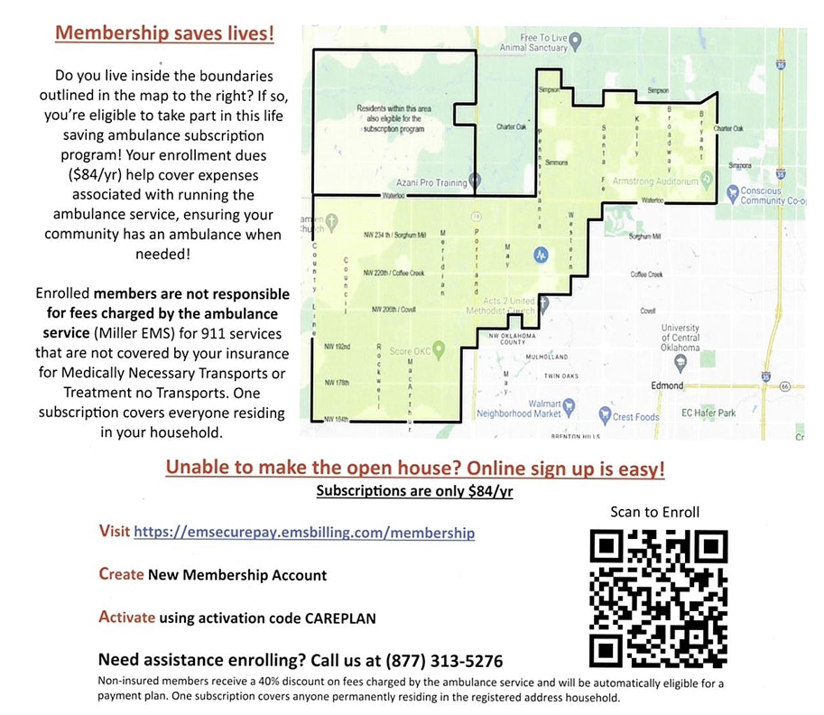Promotional flyer for an ambulance subscription service, offering $84/year membership, map of coverage, signup link, and QR code.