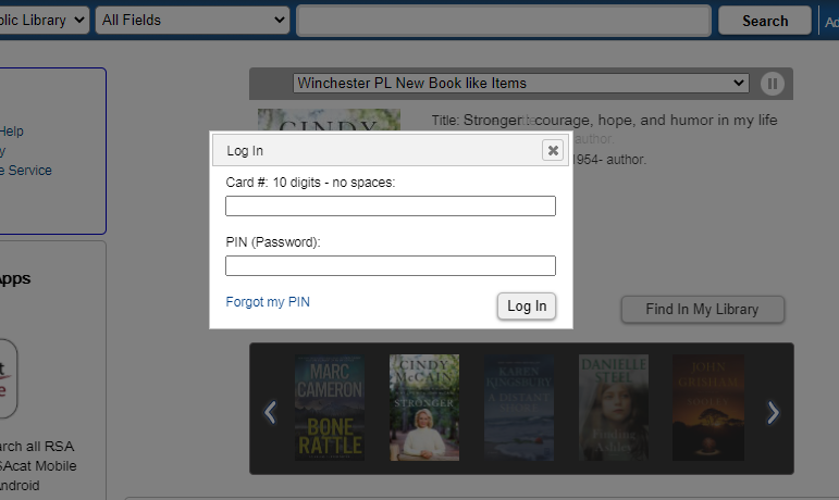 A library login prompt overlaying a digital book catalogue.