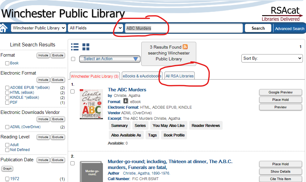 Library search screen showing results for "ABC Murders" with the option to filter for Winchester Public Library or all RSA Libraries.