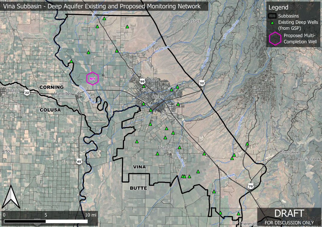 Map of Vina Subbasin showing deep aquifer wells, proposed wells, subbasins, roads, and Chico city area.