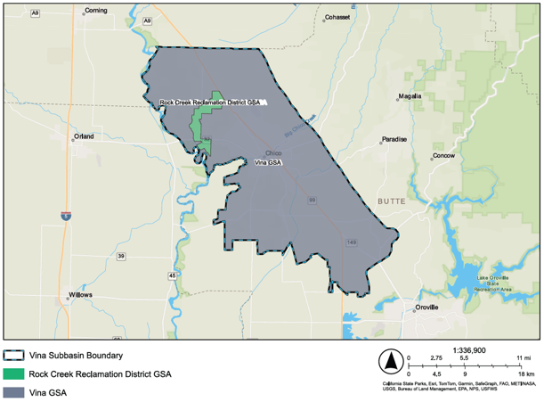 Map showing Vina Subbasin boundaries, Rock Creek Reclamation District GSA, and Vina GSA in Butte County, California.