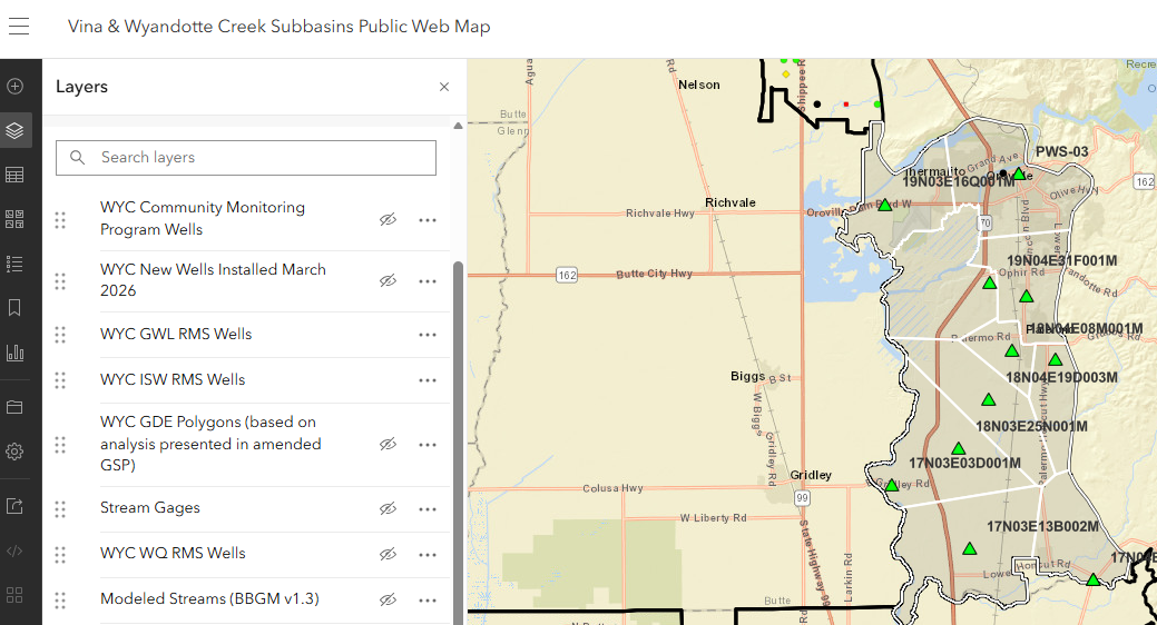 The image shows a public web map detailing layers for water monitoring and well data in the Vina and Wyandotte Creek subbasins.