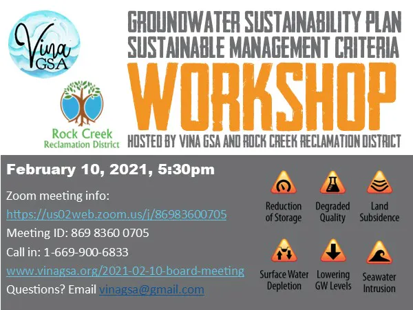 Workshop flyer for groundwater sustainability plan on February 10, 2021 at 5:30 pm.