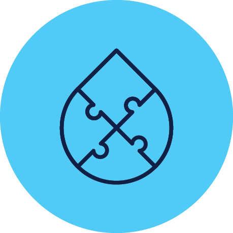 A blue puzzle piece shield logo on a light blue background.