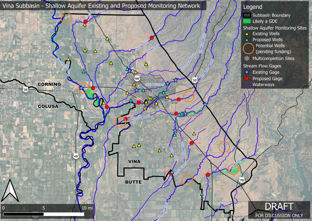 Map of Vina Subbasin showing aquifer monitoring sites, existing and proposed wells and gages, waterways, and subbasin boundaries.