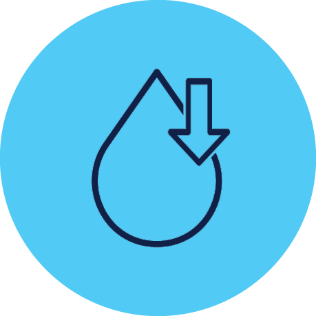 An icon of a water droplet with a downward arrow inside it, all within a blue circle.