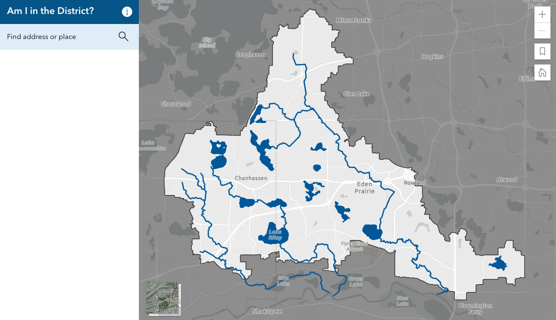 A map showing a district boundary with lakes, possibly for service or voting district determination.
