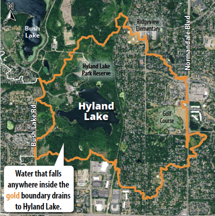Map showing the drainage boundary for Hyland Lake with surrounding landmarks like a school, golf course, and roads.