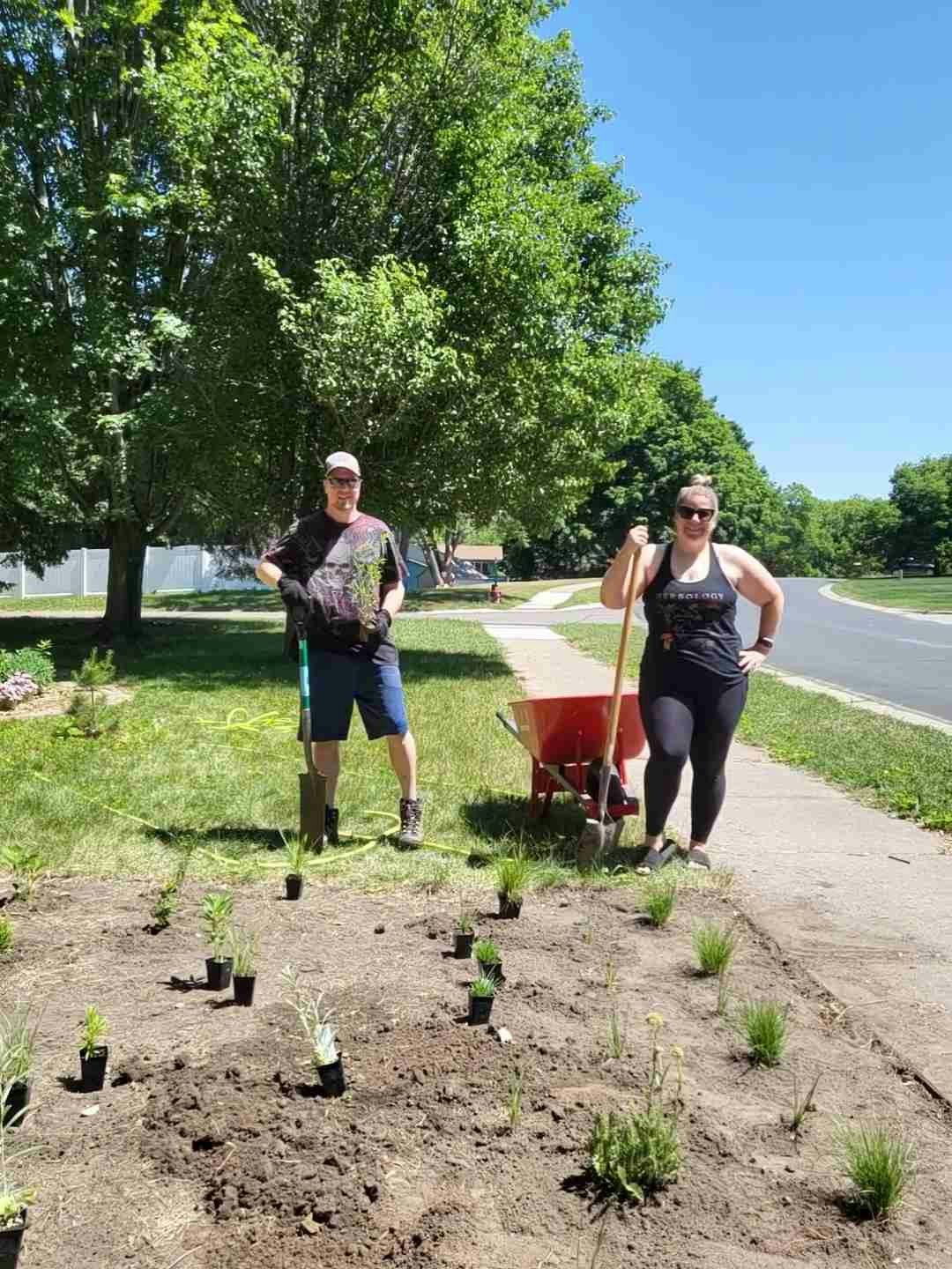 Two people gardening, wheelbarrow, small plants, sunny day.