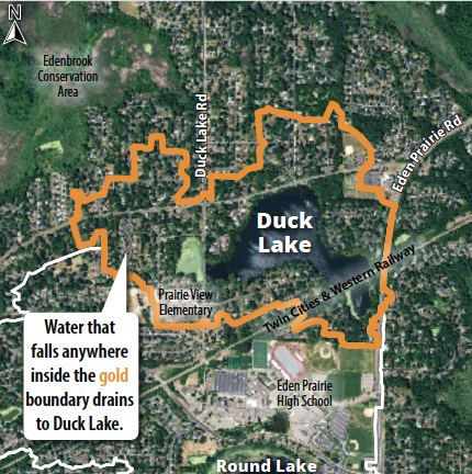 A map showing Duck Lake's drainage area with landmarks like schools and roads.