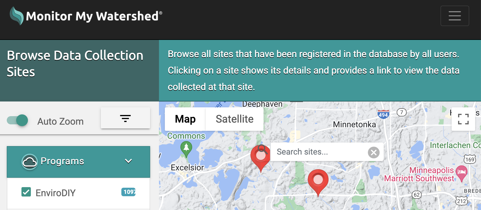 A screenshot of "Monitor My Watershed" website showing a map interface with data collection site locations marked.