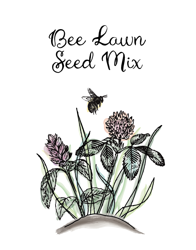 Illustration of flowers and a bee with the text "Bee Lawn Seed Mix" above.