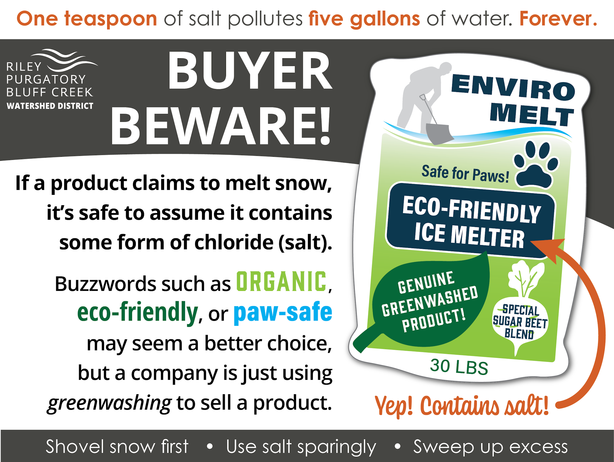 Salt in snow melters pollutes water. Eco-friendly claims may be misleading. Shovel, use less salt, clean excess. Buyer beware!