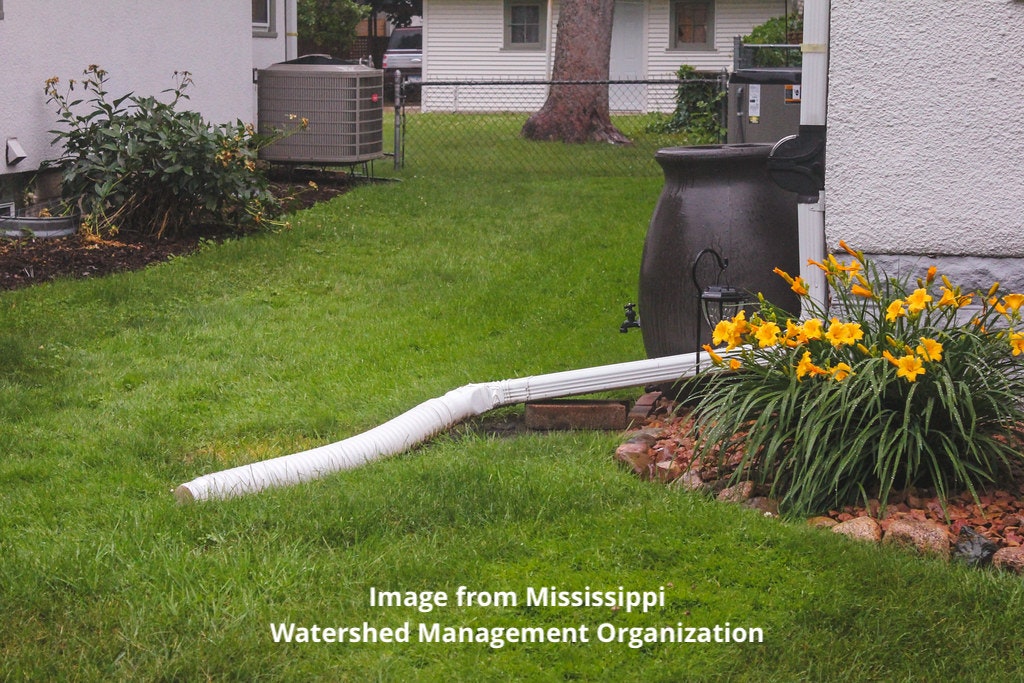Rain barrel for collecting water with a downspout and flowers in a garden.