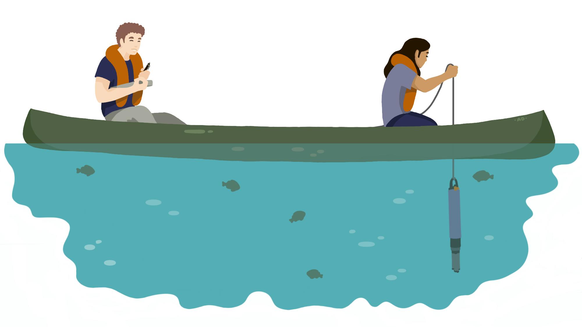 Two people in a canoe; one is fishing, the other is on a phone, with fish visible underwater.