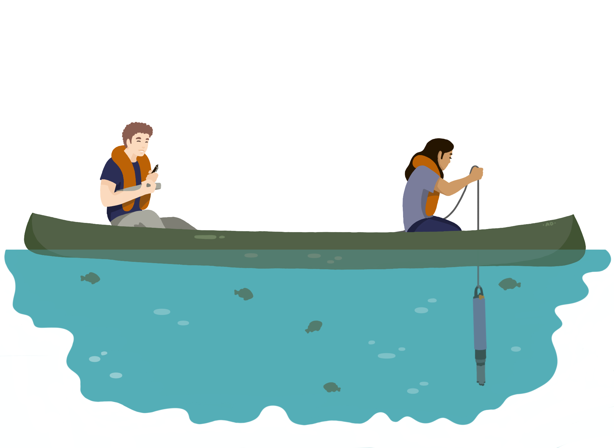 Two people in a canoe; one is fishing, the other is on a phone, with fish visible underwater.