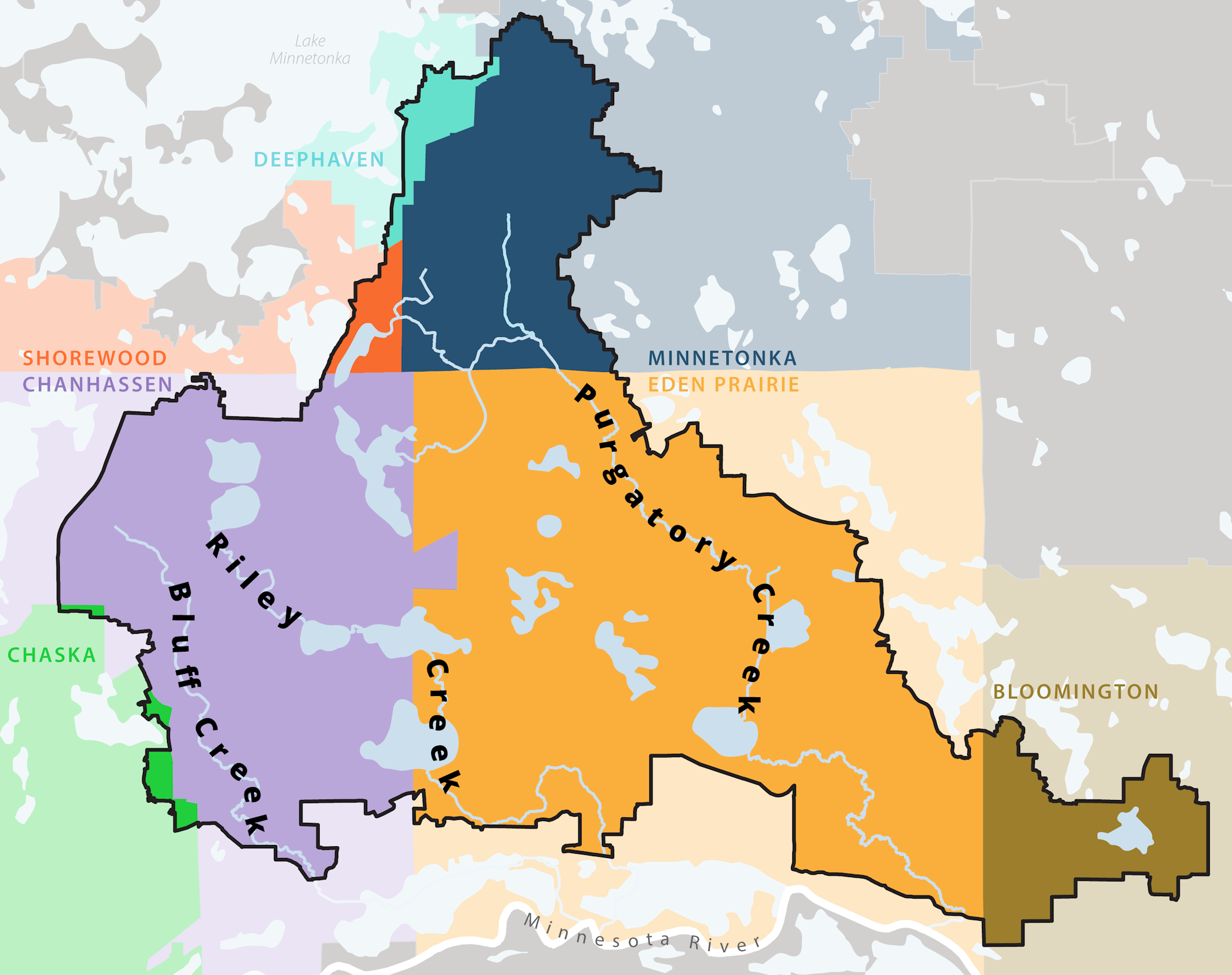 A colorful map highlighting the cities located within the Riley Purgatory Bluff Creek Watershed District.